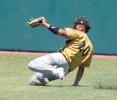 player falling down in field catching ball